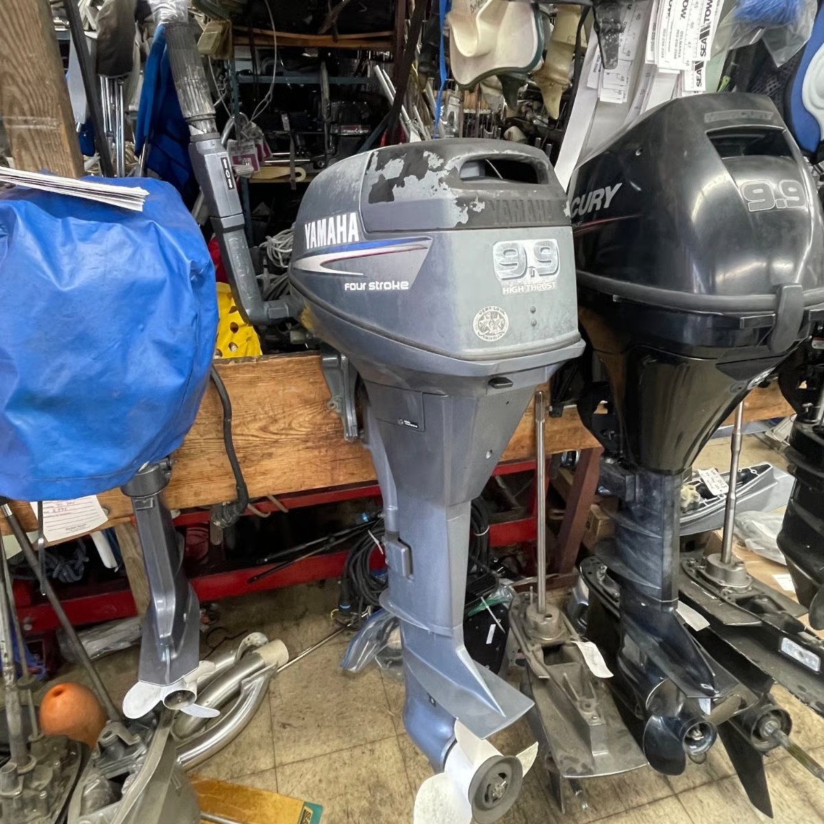 pre owned boat motors 03 Yamaha 4-Stroke 9.9HP 20″ High Thrust Tiller Motor